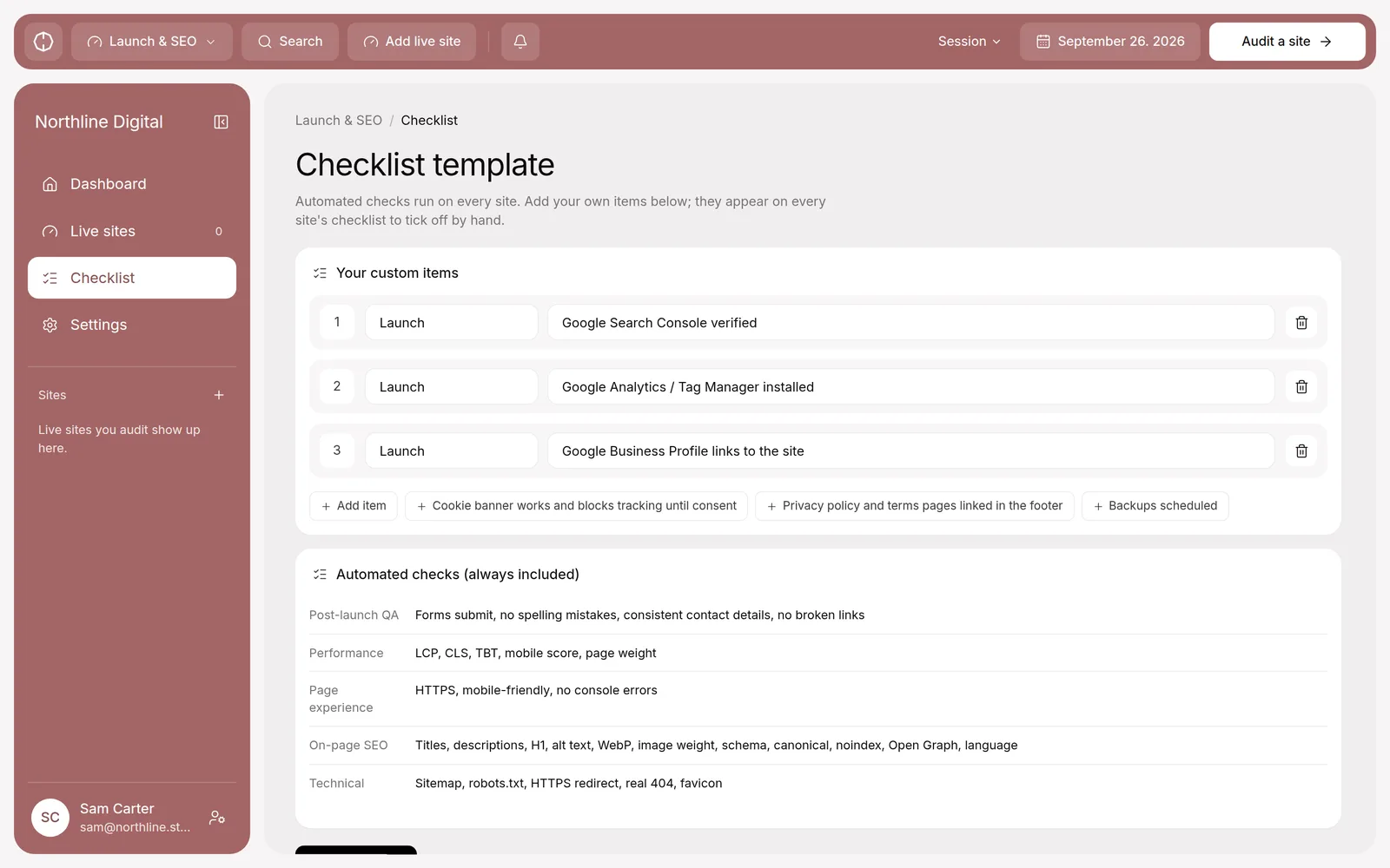 Launch checklist: custom items plus automated checks for QA, performance, page experience, on-page SEO and technical SEO