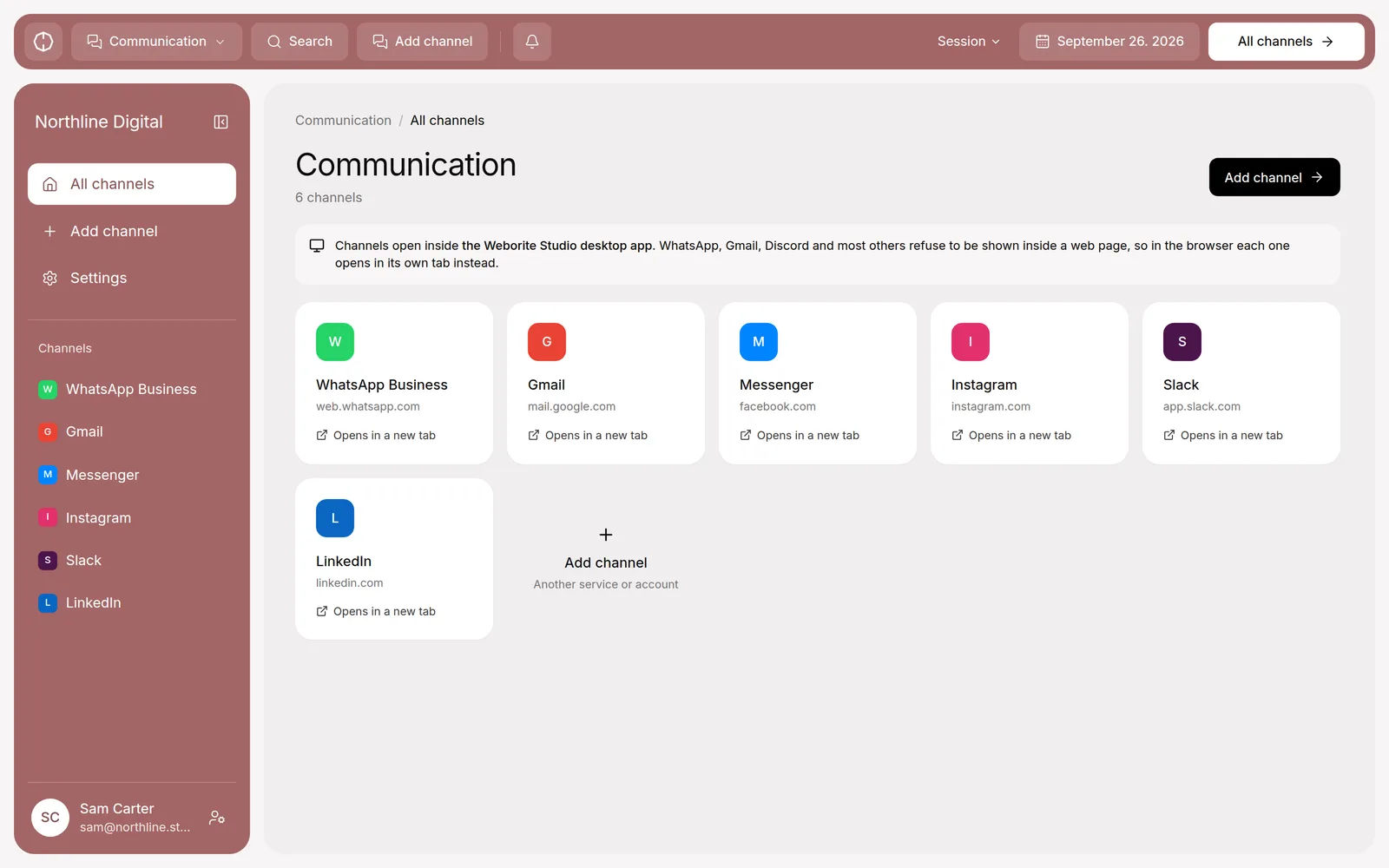Communication: WhatsApp, Gmail, Messenger, Instagram, Slack and LinkedIn inboxes in one place