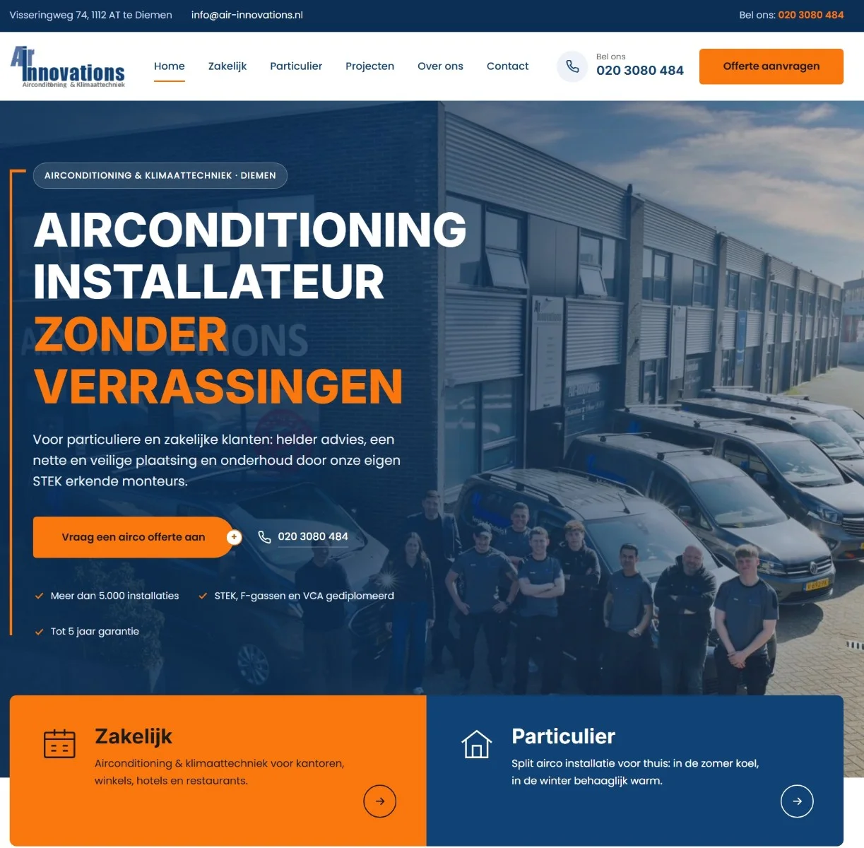 Homepage mockup for Air-Innovations with the team in front of their vans, an orange quote button and business and home tiles