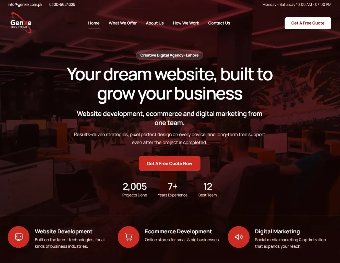 Homepage mockup for GenXe, a Lahore digital agency, with a dark red hero, free-quote button and project stats
