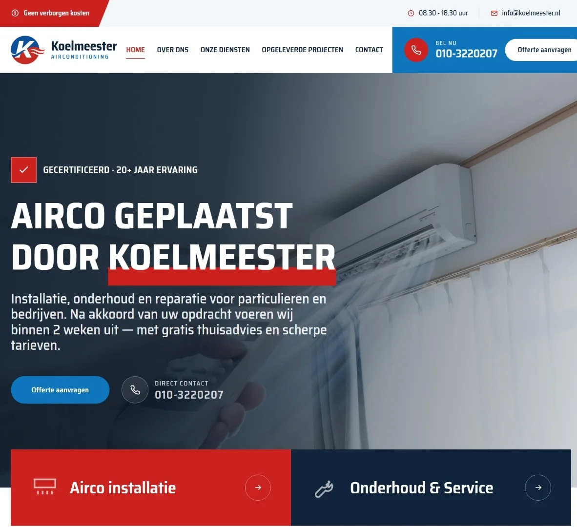 Homepage mockup for Koelmeester Airconditioning with a bold Dutch headline over an air conditioner photo and two service tiles