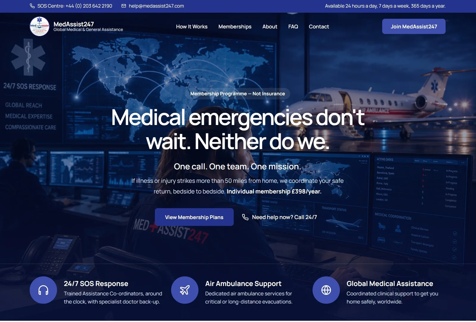 Homepage mockup for MedAssist247 with a dark blue control-room hero, membership button and three service highlights