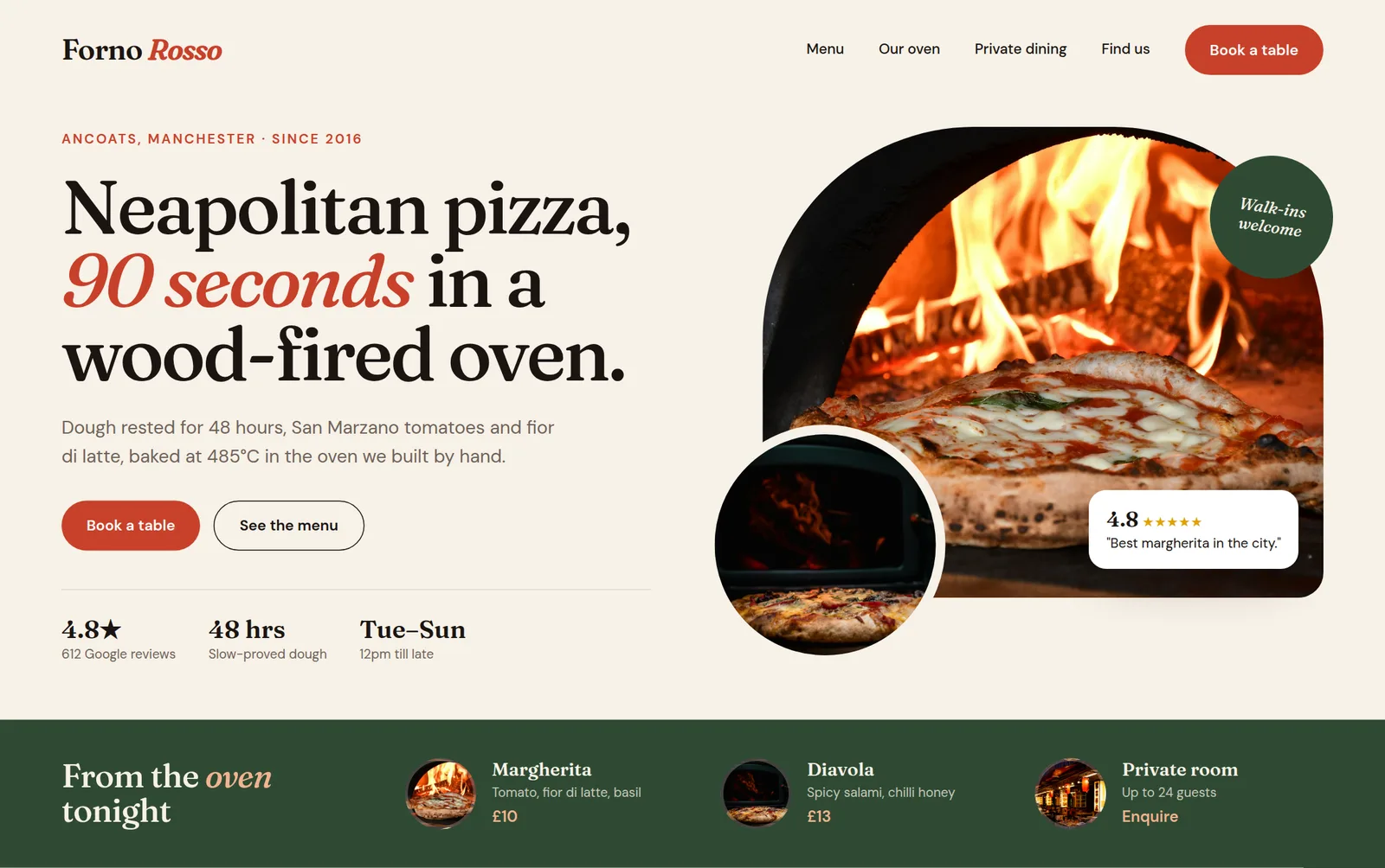 Homepage mockup for Forno Rosso, a Manchester pizzeria, with a serif headline and wood-fired oven photo